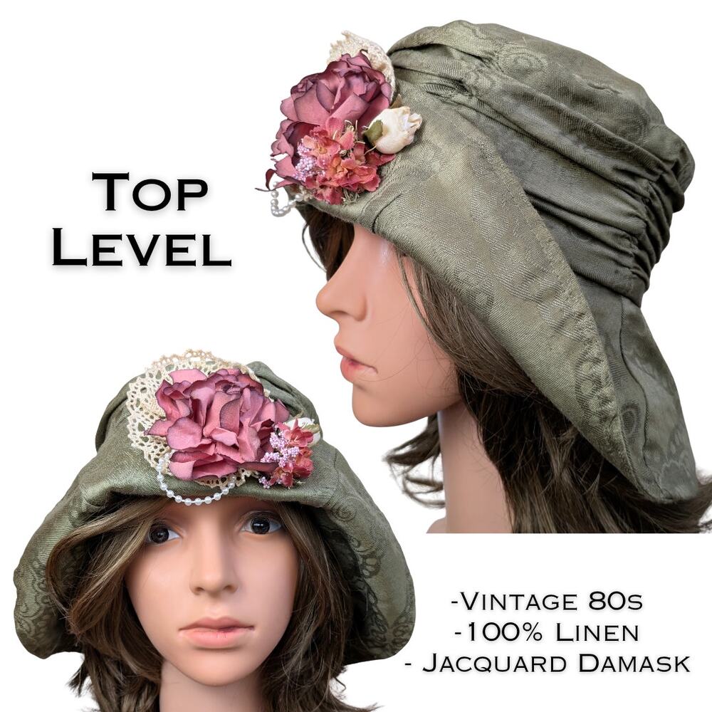 Top Level Vintage 80s Cloche Hat Green Linen Damask w/Flowers Victorian Revival